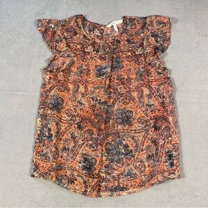 BCBGeneration Women’s Semi Sheer Pink and Blue Floral Ruffle Sleeve Blouse, XS